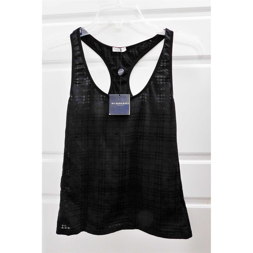 New Burberry Black on Black Plaid See Thru Tank Cami Blouse sz M
